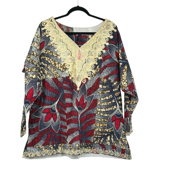 African Print Dashiki Tunic Top Embroidered V Neck Long Sleeve Handmade One Size - Picture 1 of 5